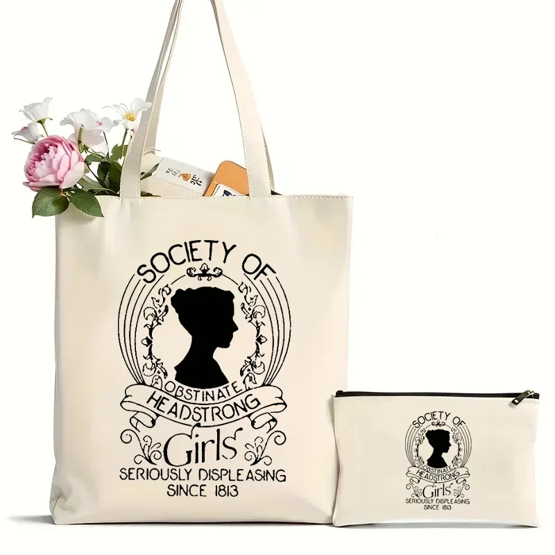 2Pcs Vintage Pride and Prejudice Canvas Tote Bag,  Foldable Shopper, Casual Fashion Handbag, Travel Grocer