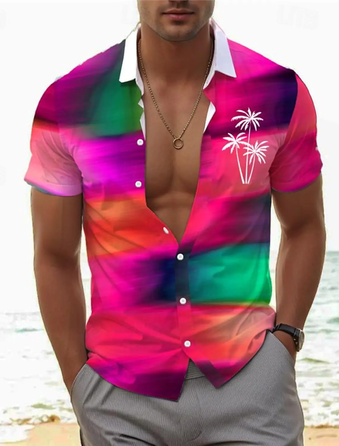 

Gradient Palm Tree Tropical Men's Resort Hawaiian 3D Printed Shirt Button Up Short Sleeve Summer Beach Shirt Vacation Daily Wear