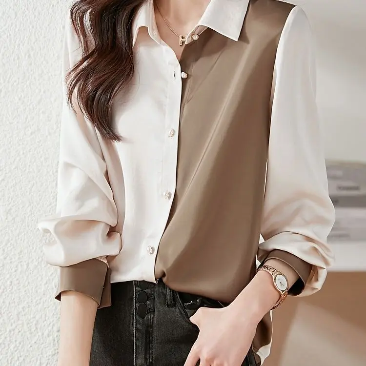 2024 New Chiffon Long Sleeved Shirt Women's Wear Hong Kong Style Color Blocking Elegance Fashion Outwear Casual Versatile