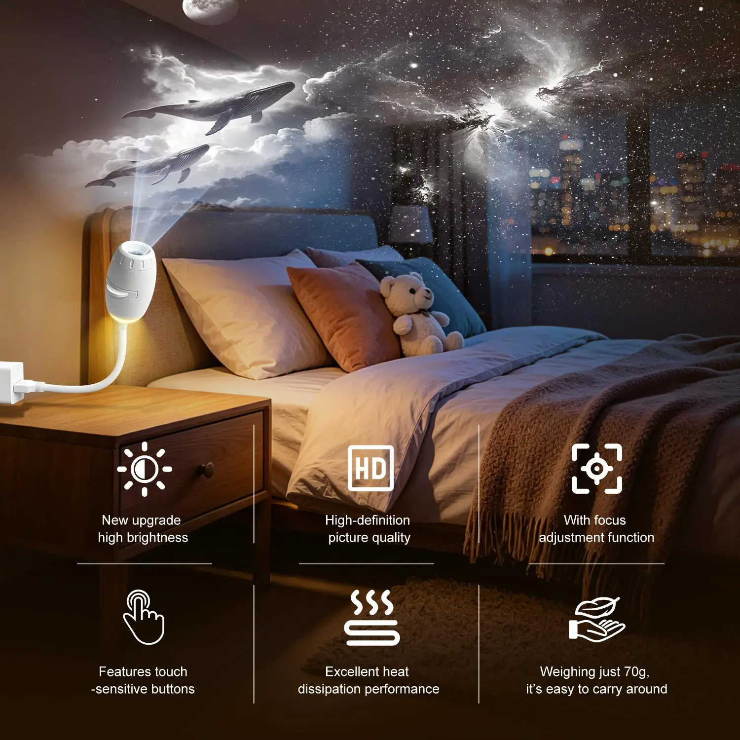 2 in 1 USB Projection Lamp Manual Focus Projector Light Car Ambient Light Room Starry Star Romantic Saturn Galaxy Night Lights