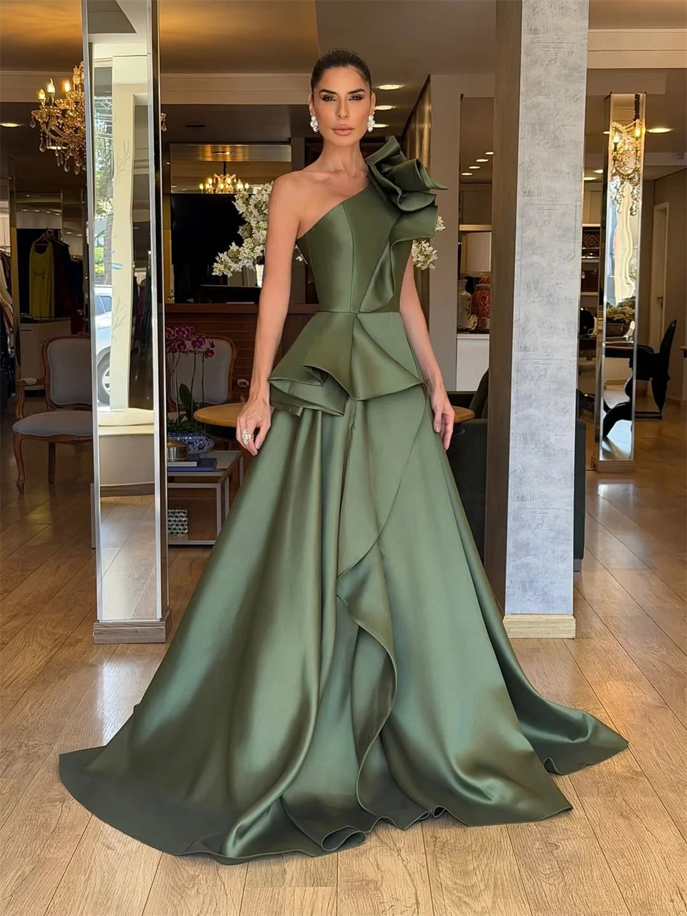 Sansa Customized Olive‑Green women's formal evening gowns One‑Shoulder 3D‑Ruffle Peplum‑Waist Draped Gloss‑Satin A‑Line Dress