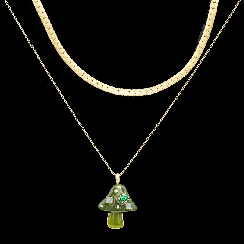 

Fashion Temperament 3D Green Mushroom Pendant Double Layer Necklace Gold Plated Flat Snake Bone Chain Collarbone Chain Harajuku