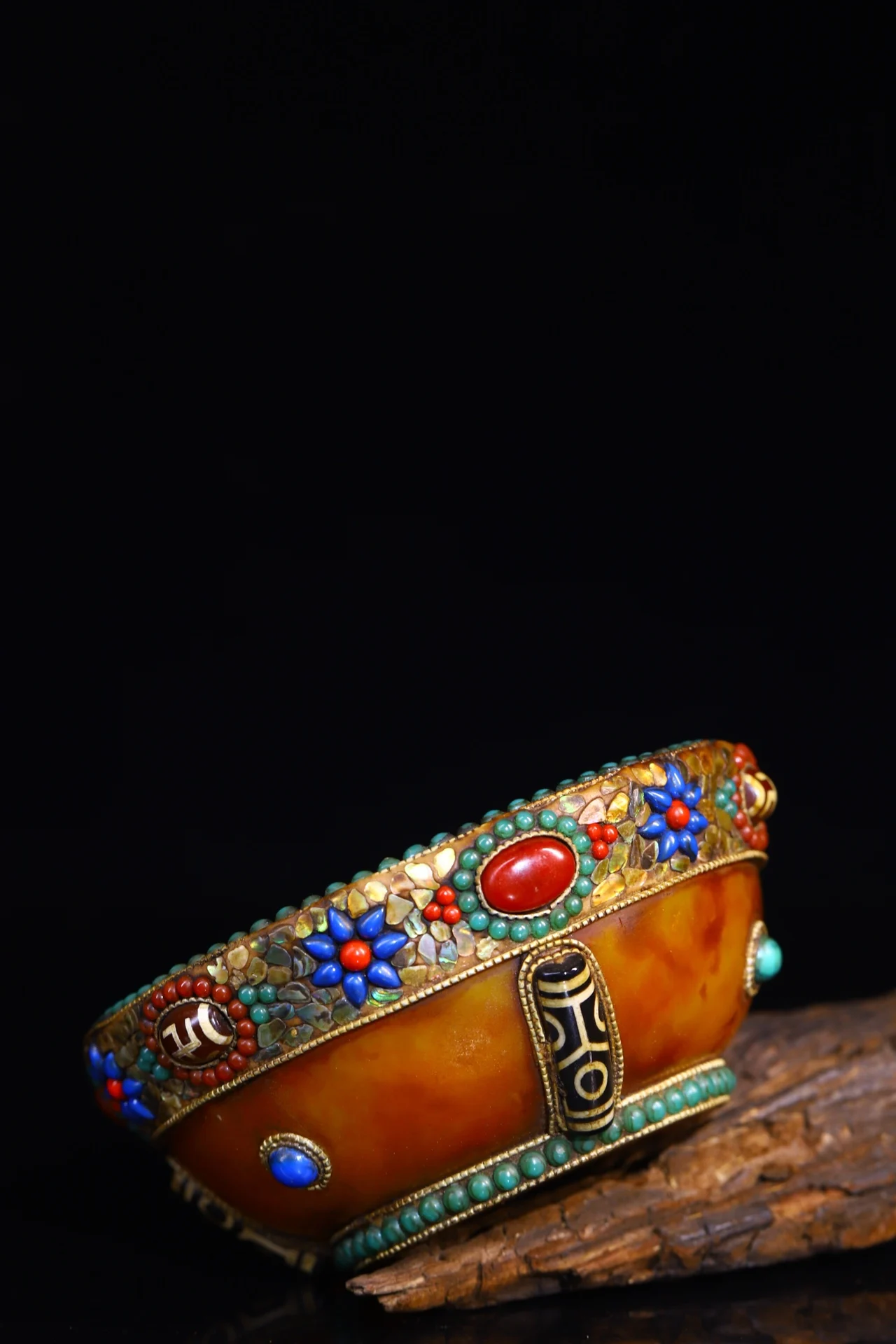 

5"Tibetan Temple Collection Old Beeswax Mosaic Gem gZi Beads Cross Vajra Bowl Scripture Bowl Dharma Worship Hall Town house