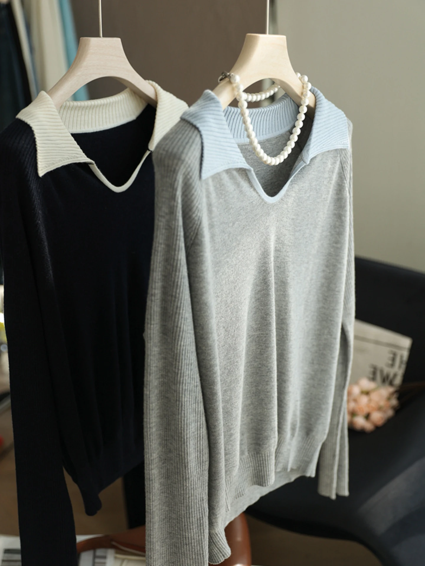 

Шикарная трикотажная основа контрастного цвета Long Sve irt, женская модная ленивая одежда для поездок на работу, осенняя одежда, удобная посадка