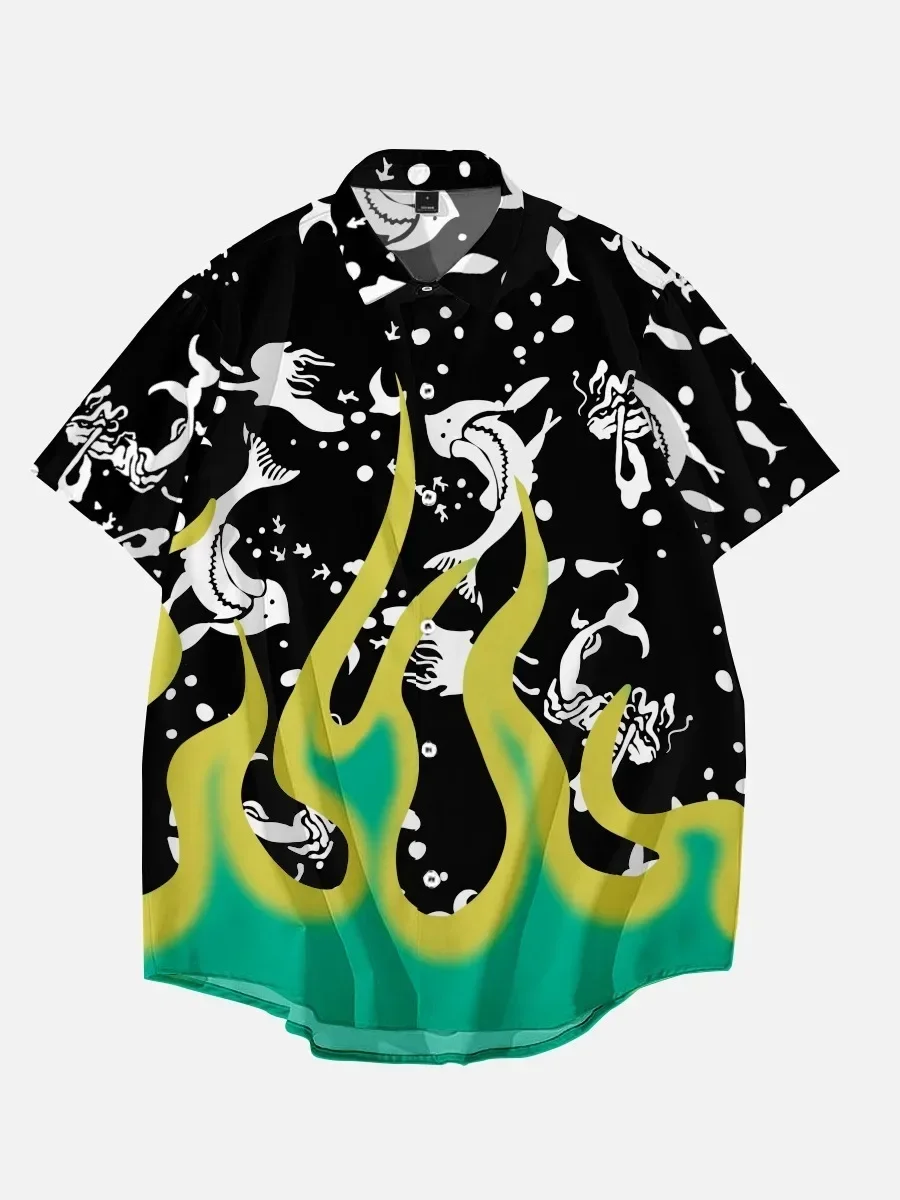 

2024 Mermaid 3D Printed Men's and Women's Shirt Abstract Flame Pattern Plus Size Striped Men's Top Vintage Style Summer Streetwe