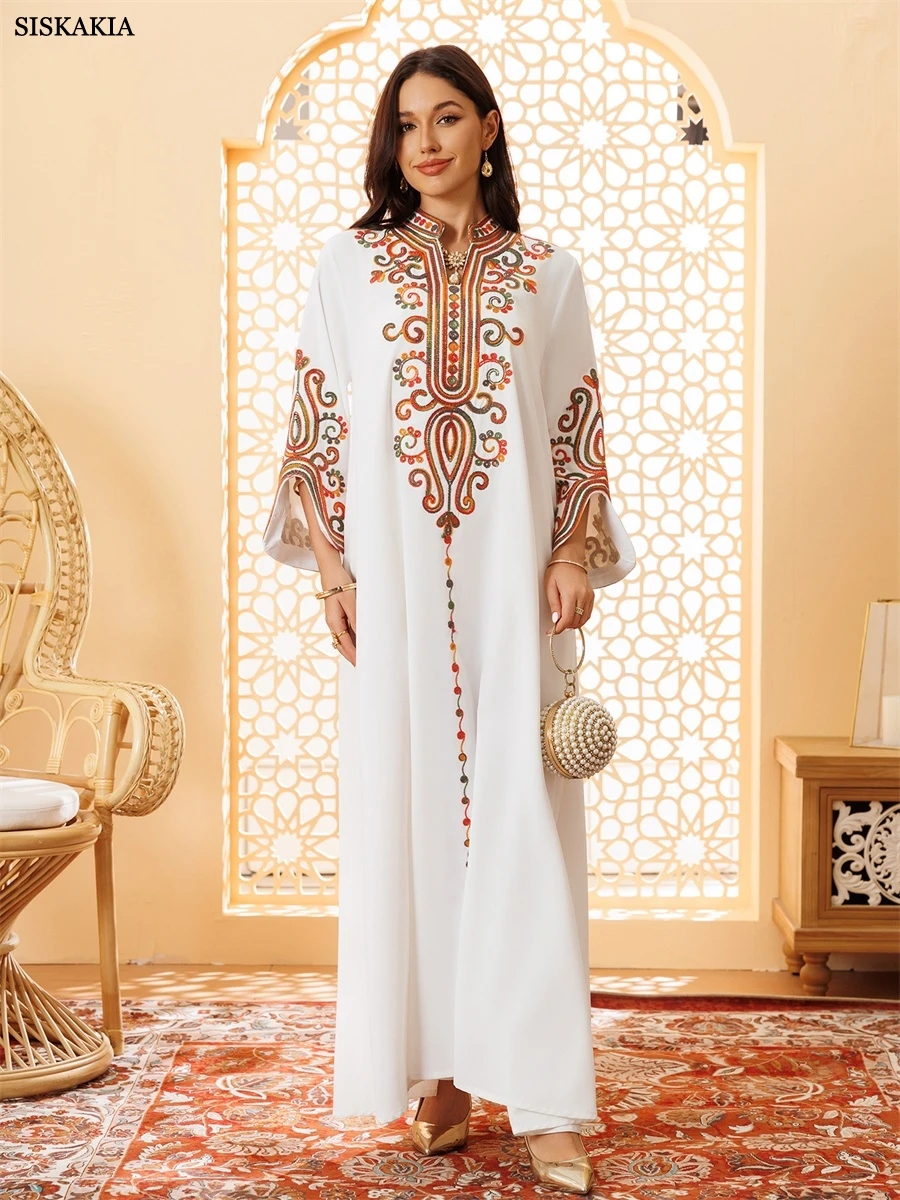 Siskakia Ramadan Muslimische Damen bestickte lose Abaya-Kleider für Frauen Gala Marokko Dubai Eleganter lässiger Kaftan