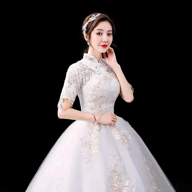 Cheap Weddign Dresses White Appliques Lace High Collar Short Sleeves Trailing Princess Floor length Plus size Bride Gowns XN136