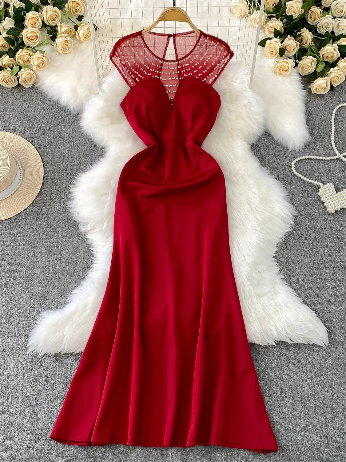 Vestido de sirena sexy con inserciones de malla y cuentas, vestido de verano para mujer, estilo coreano, entallado, con cola ...