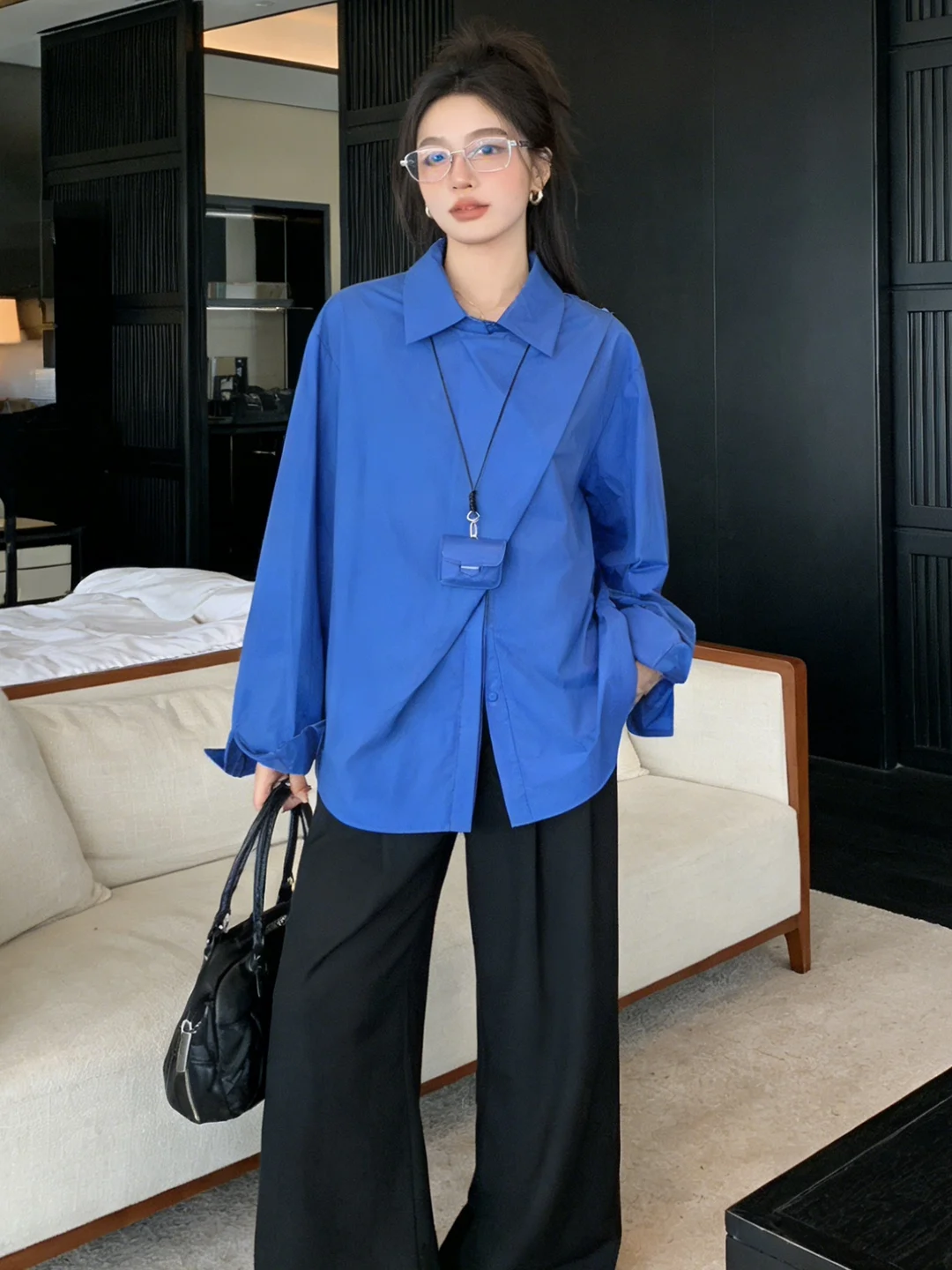 

Ele Blue Loose irt Chic Spring 2026 New Design Breathable French Sle Women's Collar Long Sve Faionable irt