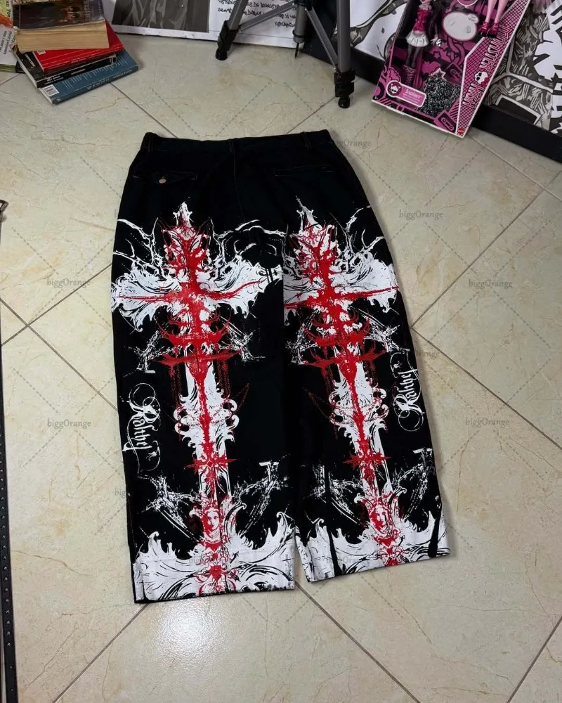 

Gothic Punk Harajuku Street Fashion Oversized Washing Baggy Jeans Y2K 2025 Hip-hop Rock Vintage Loose Cross Wide-leg Pants Women