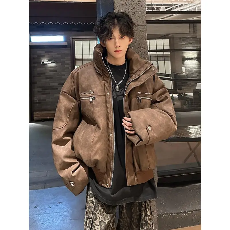 

Men's Winter Thiened Warm Stand Collar Cotton Jaet Casual Loose ort Sle Faionable American Sle Leather Coat