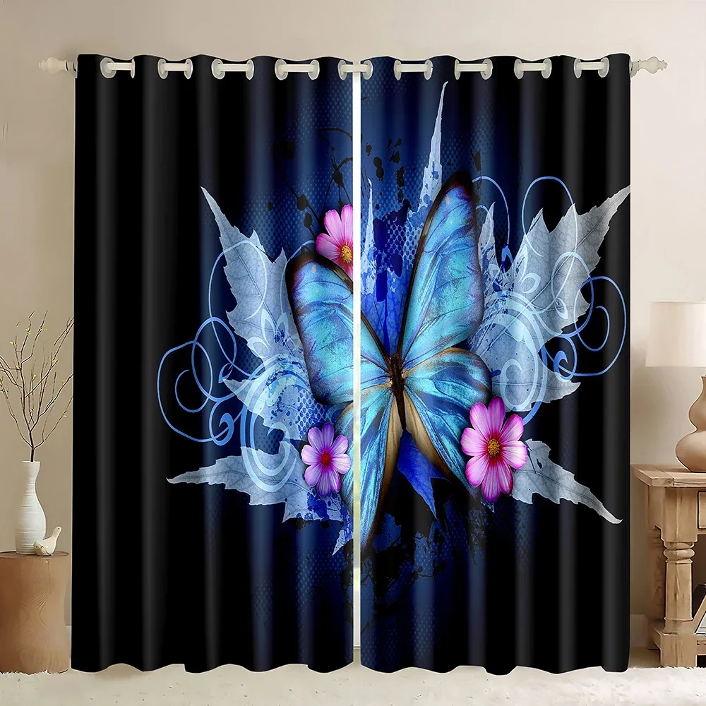 

Затемняющие шторы для окон, розовые, фиолетовые, с абстрактным изображением бабочек, трехмерные, современные, на синем фоне, с бабочками, кленом и розовыми цветами