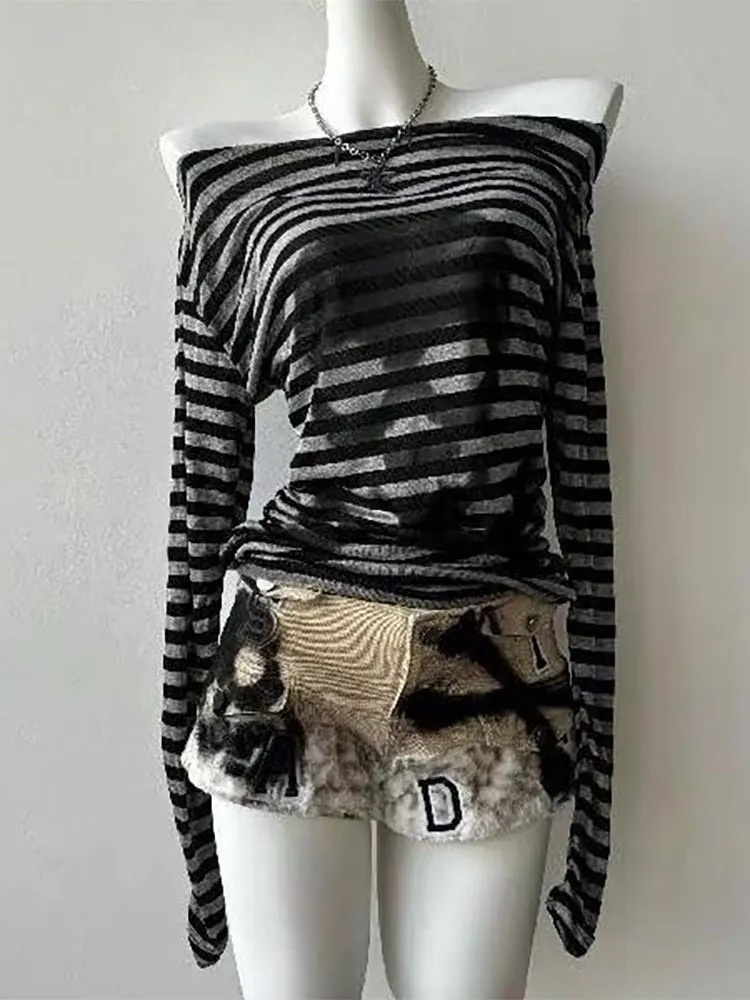 T-shirt vintage a righe con teschio da donna con spalle scoperte Top Designer lavorato a maglia T-shirt basic a maniche lunghe anni 2000 Y2k Abbigliamento Moda Nuovo