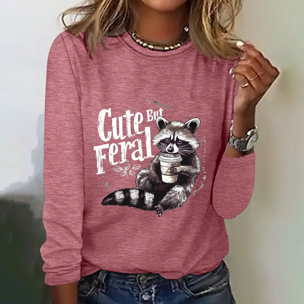 Fashion Designer Women's T-shirts Cute Raccoon Pattern Long Sleeves T shirt Tops Fall Trend New Loose Women Clothing Pullover