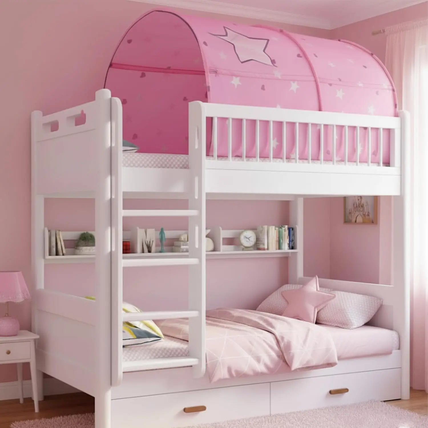 

Kids Starlight Bed Canopy Tent Playhouse Privacy Space Twin Sleeping Indoor Stars Boys Girls Toddlers Pop Up Portable Frame Pink
