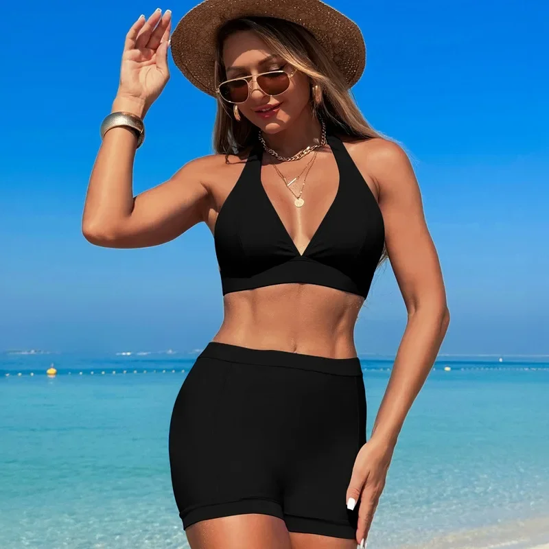 2025 Halter Bikini Set Kort Badpak Vrouwen Hoge Taille Badmode Vrouwelijke Gedrukt Zwemmers Zwemmen Badpak Beachwear