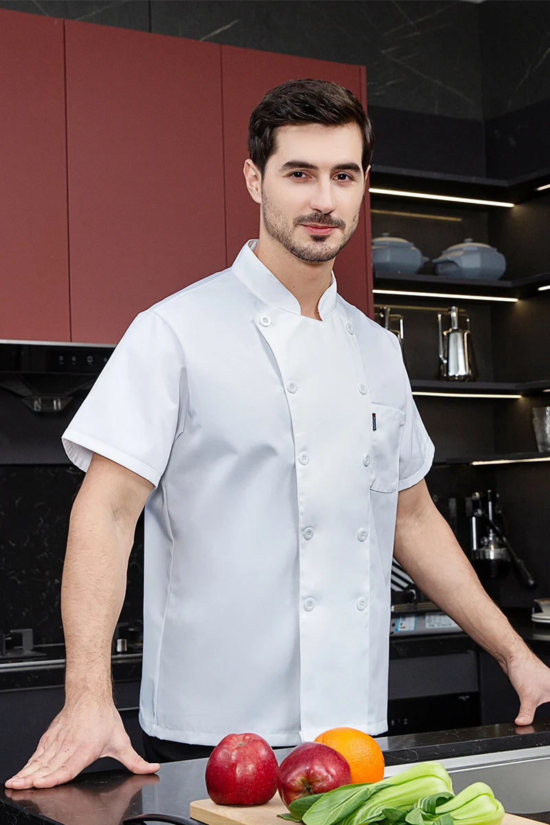 Chaqueta de Chef negra de manga corta, uniforme de chef, abrigo de cocinero, camiseta de Chef, uniforme de trabajo de panadero, camarero, restaurante, ropa de Hotel, logotipo de mujer