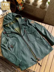 Multiple Pockets Mens Genuine Leather Jacket Hooded Stand Collar Vintage Casual Motorcycle Outwear Army Green Cowskin Cargo Coat