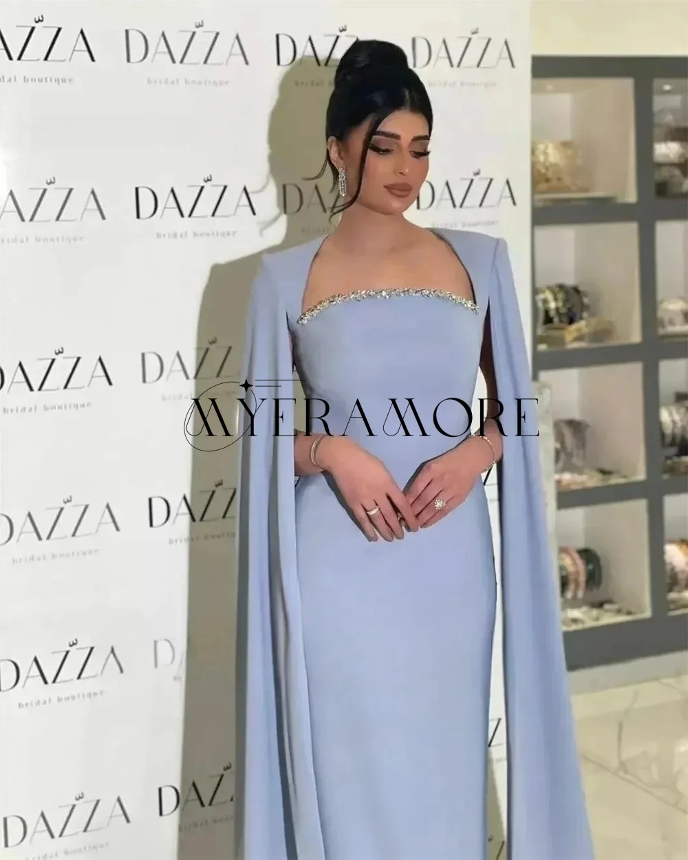 Elegant Blue Beaded Evening Dresses Square Neck Cape Floor-Lenght Prom Dresses Customized فساتين سهرة