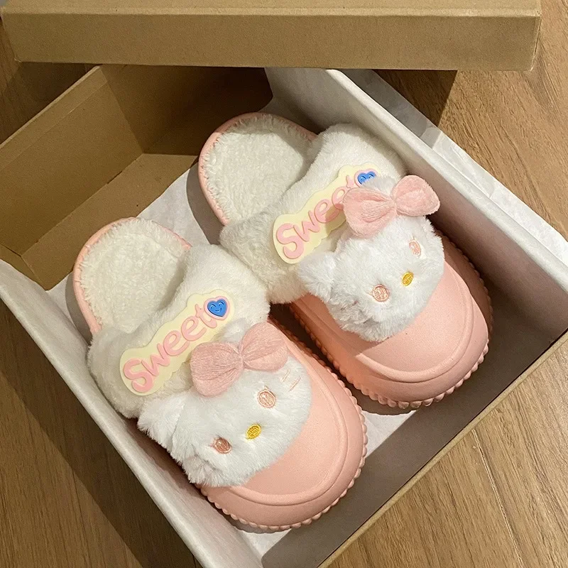 Sanrio Cotton Slippers Hello Kitty Warm Home Women's Shoes Cartoon Non-Slip Thick Sole Removable Insole Plush Cotton Slippers