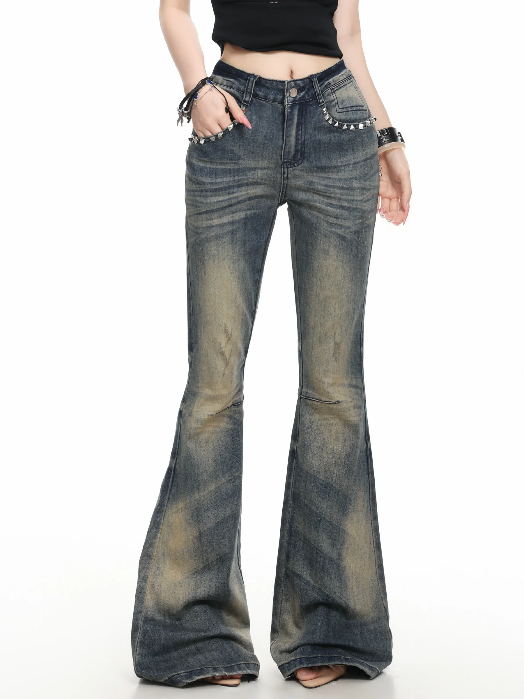 Basterds American Retro Rivet Washed Bell Bottom Jeans Women's Slim Fit Long Pants High Waist Cotton Summer Youth Jeans