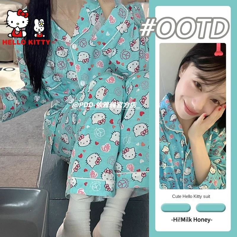 Cute Hello Kitty Cartoon Long Sleeve Pajamas Female New Autumn Winter Students Sweet Home Clothes Outside Spring Blue Sleepwear