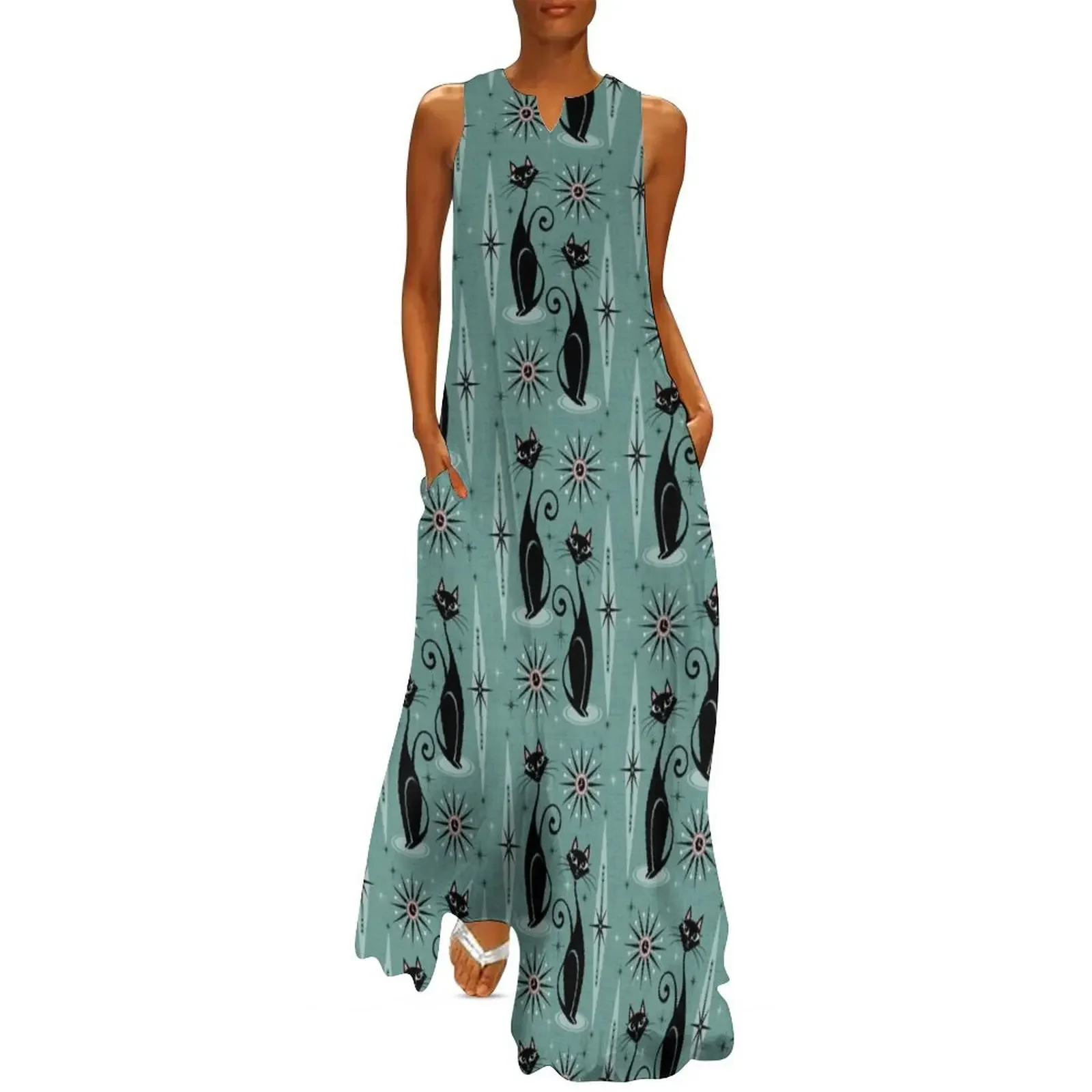 

Mid Century Cats and Clocks III Long Dress Women's dresses Women's skirt Dress