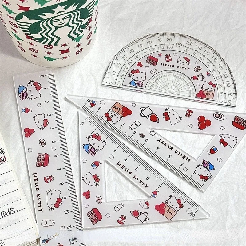 Hello Kitty simple creative sweet and cute cartoon pattern high-value learning stationery plastic ruler four-piece set wholesale