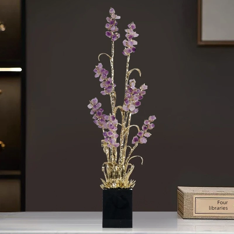 Amethyst Crystal Sculpture Metal Flower Statue Luxury Modern Table Ornament Living Room Entryway Hotel Home Decor Wedding Gift