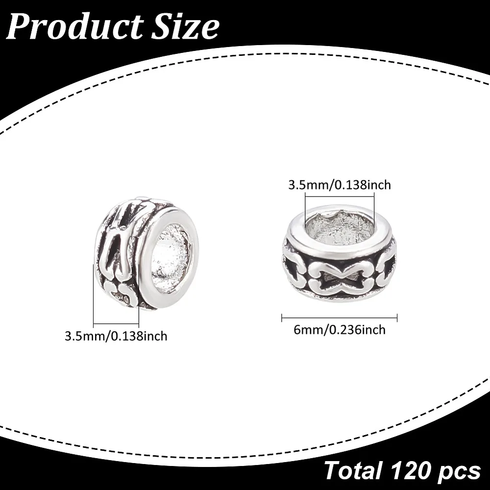 1 zestaw 120 szt. koralików ze stopu, koraliki z dużym otworem, bez kadmu, bez ołowiu, rondelki, 6x3,5 mm, otwór: 3,5 mm