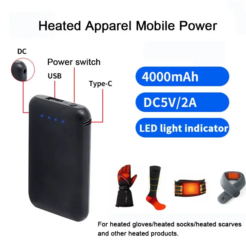 

4000mAh Mobile Power USB DC Output 5V2A Mini Portable Battery Pack for Heated Socks Vests Scarves Gloves Belts Warming Patch