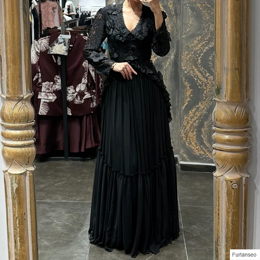 

Black Evening Dresses Customized V-neck Full Sleeve Floor-length Prom Gown Fashion Flowers Lace Draped Party Gown Customized