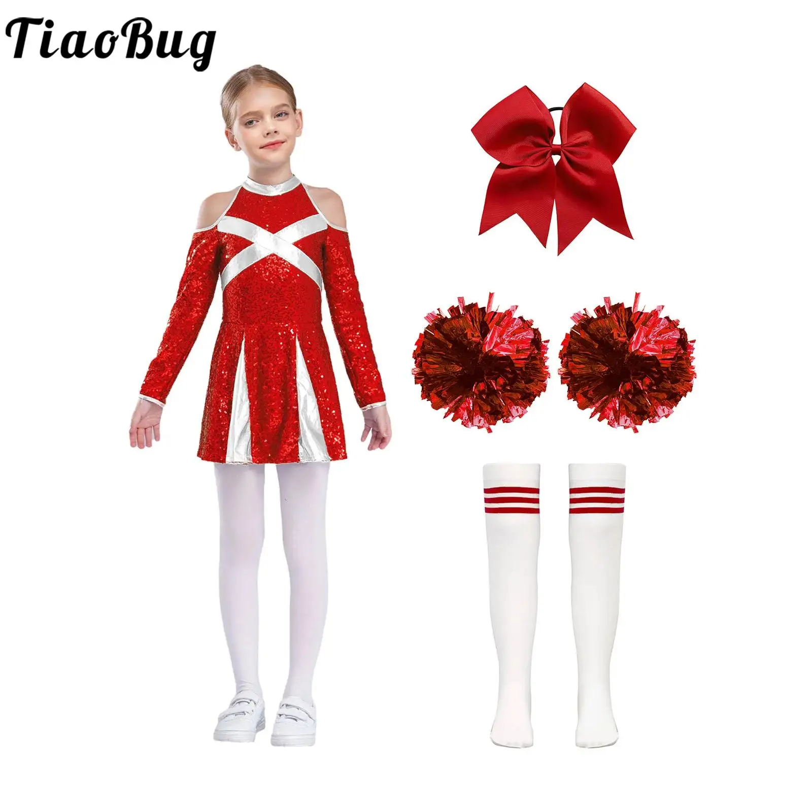 

Костюм черлидера для косплея, униформа черлидинга, платье с блестками и носками, школьная танцевальная одежда для девочек, костюмы на Хэллоуин