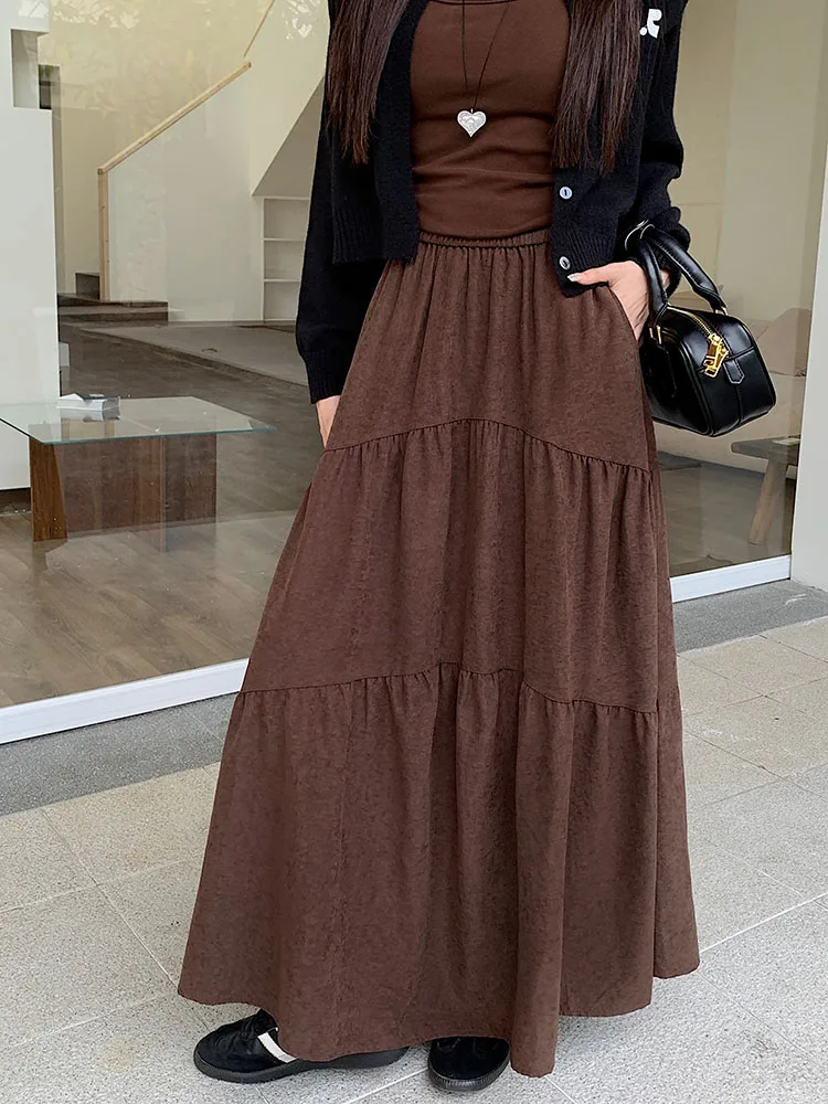 Qiukichonson Grey Maxi Long Skirt Women 2024 Korean Fashion Autumn Winter Casual High Waisted Ruffle Pleated Skirts 90cm rok