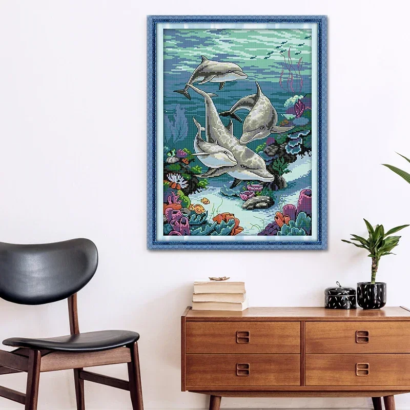 

Dolphin Family Pattern Cross Stitch Kits Aida 16/14/11CT Counted Printed Fabric DIY Embroidery Kit Needle Art Crafts Sewing Kit