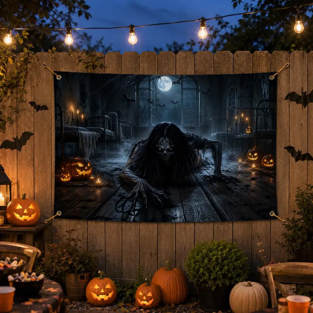 Horror Ghost Abandoned Room Halloween Flags Spooky Wall Hanging Banner Washable Fade‑Resistant Indoor Outdoor Party Decor