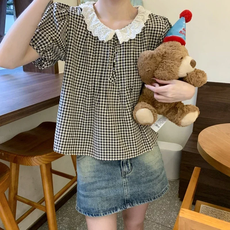 

Sweet Women Blouses 2024 Blusas Mujer De Moda Peter Pan Collar Short Sleeve Loose Shirts Korean Plaid Summer Blouse Tops 27y040