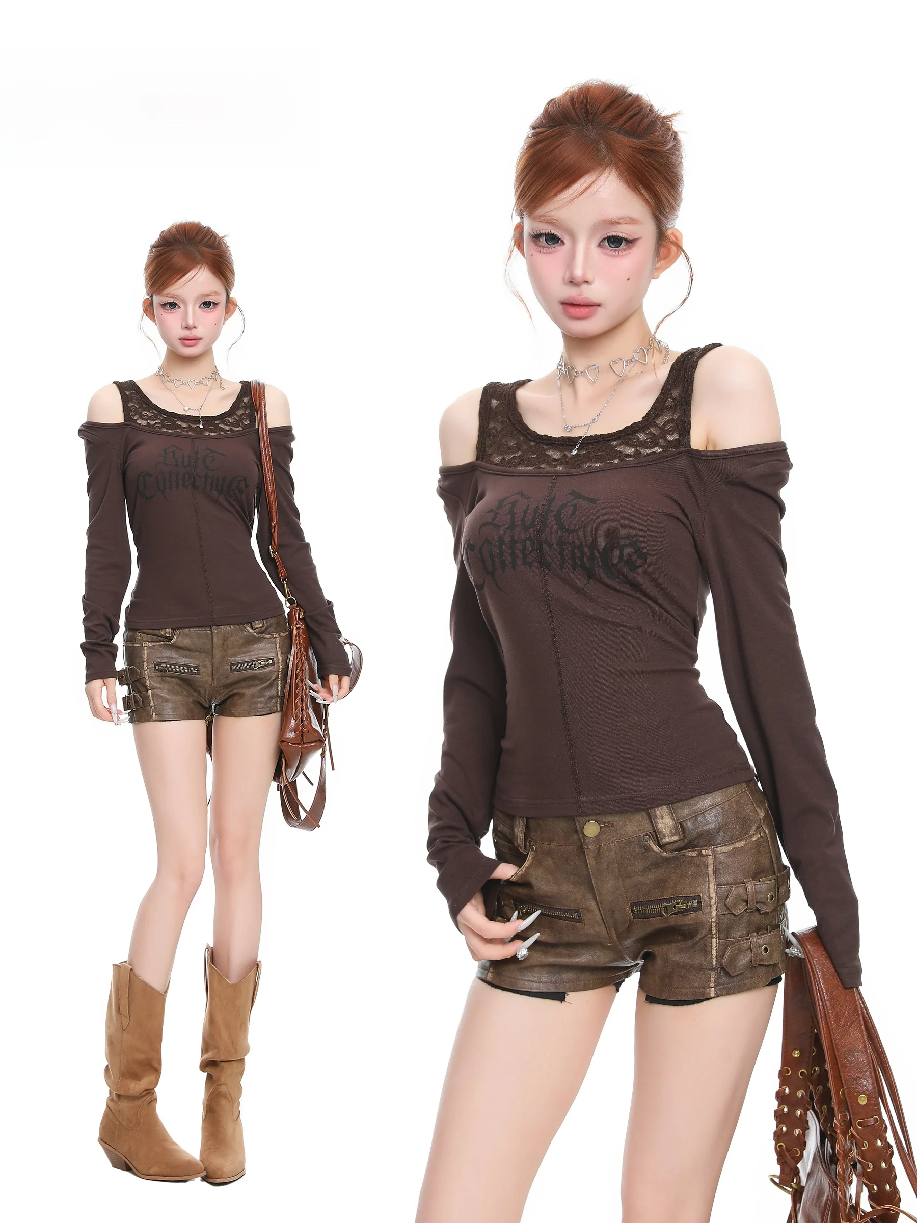

Basterds American Lace Splicing Fake Two-Piece Long Sleeve T-Shirt Women Spring Hot Girl Shoulder Exposure Base Shirt Top