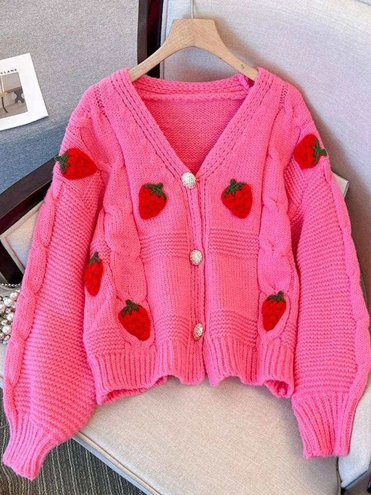 Jmprs Fashion Harajuku Sweet Strawberry Cardigan Sweater Women Fall Loose Long Sleeve Korean Tops Lady Preppy Style Y2K Sweater