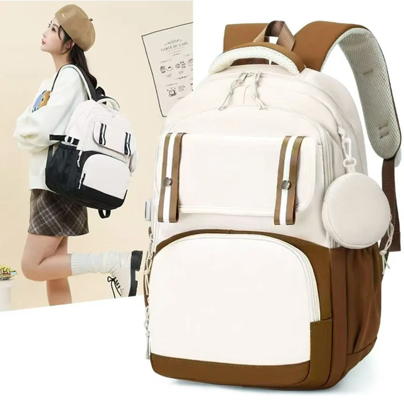 1pcs Tear Polyester Trendy Backpack Flip Snap Side Water Bottle Pocket Vintage Style Light Daypack For School Travel Outdoor Use