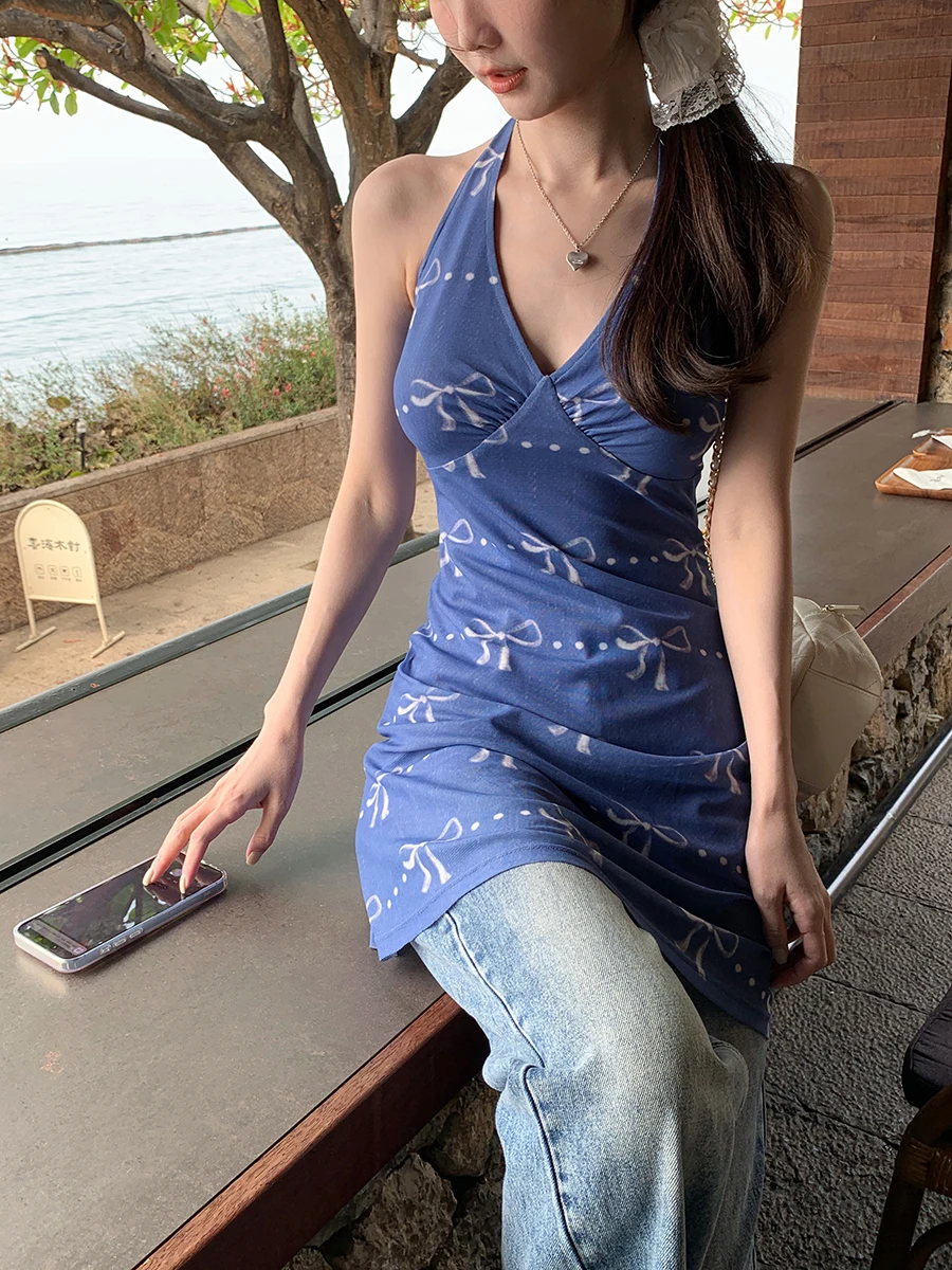 Niebieska spódnica Ele Hanging Ne Dr damska, letnia, nowa kolekcja 2025, wyszczuplająca, z wysokim stanem, krój H, z włókna poliestrowego, odzież codzienna.