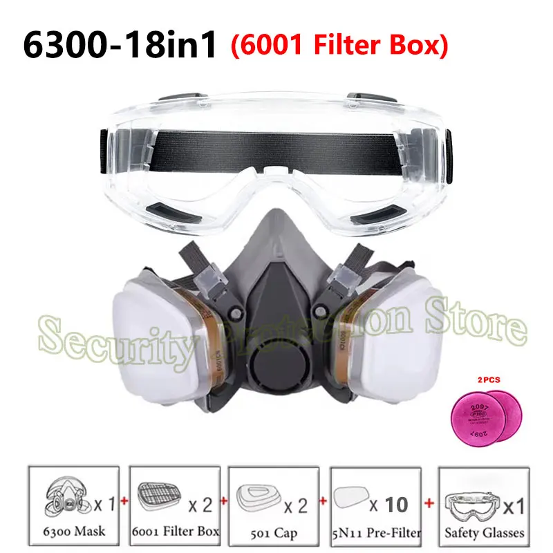 

6300 Dust Gas Mask With 6001/6006 Filter /Safety Glasses Half Face Gas Respirator For Painting Spraying Polishing Work Safety