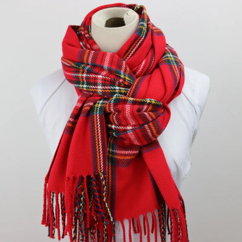 Red Tartan Tassel Scarf Stylish Vintage Decoration Neck Scarf Autumn Winter Coldproof Warm Unisex Wrap Scarf Hijab Stoles