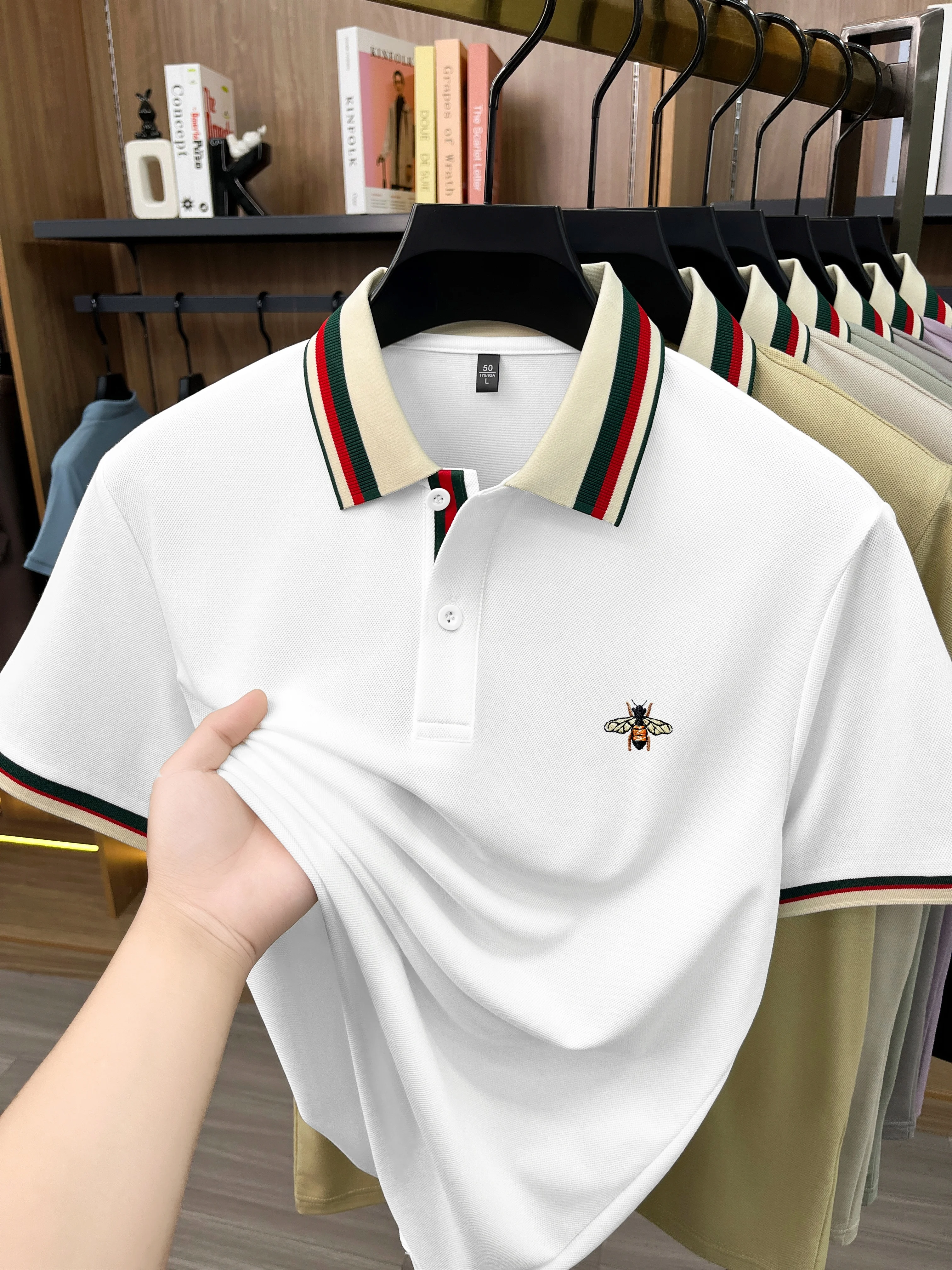 High-End Seide Baumwolle Kurzarm Herren POLO Shirt Sommer Mode Marke Boutique Bienen Stickerei Freizeit Business Flip-up T-Shirt – Detail 8