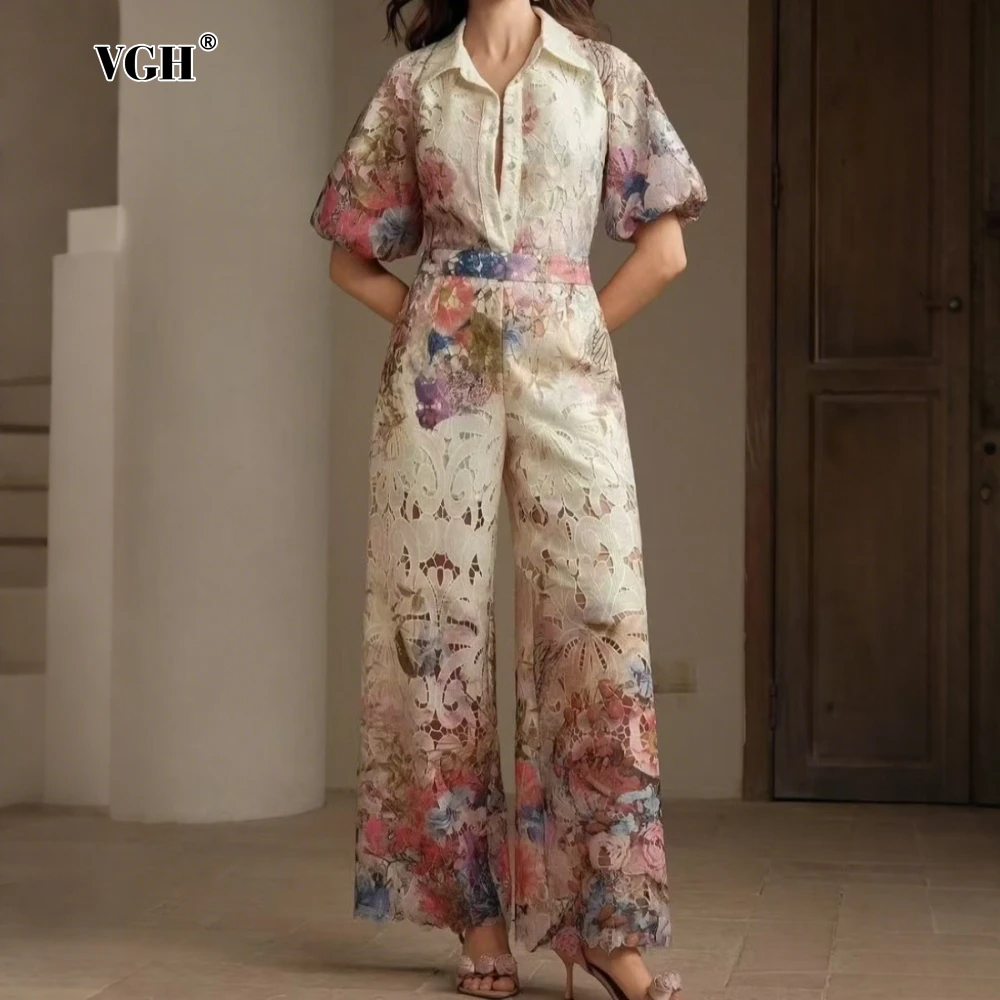 

VGH Floral Printing Two Piece Set for Women Lapel Short Sleeve Top High Waist Patchwork Hollow Out Wide Leg Pants Female Clothes
