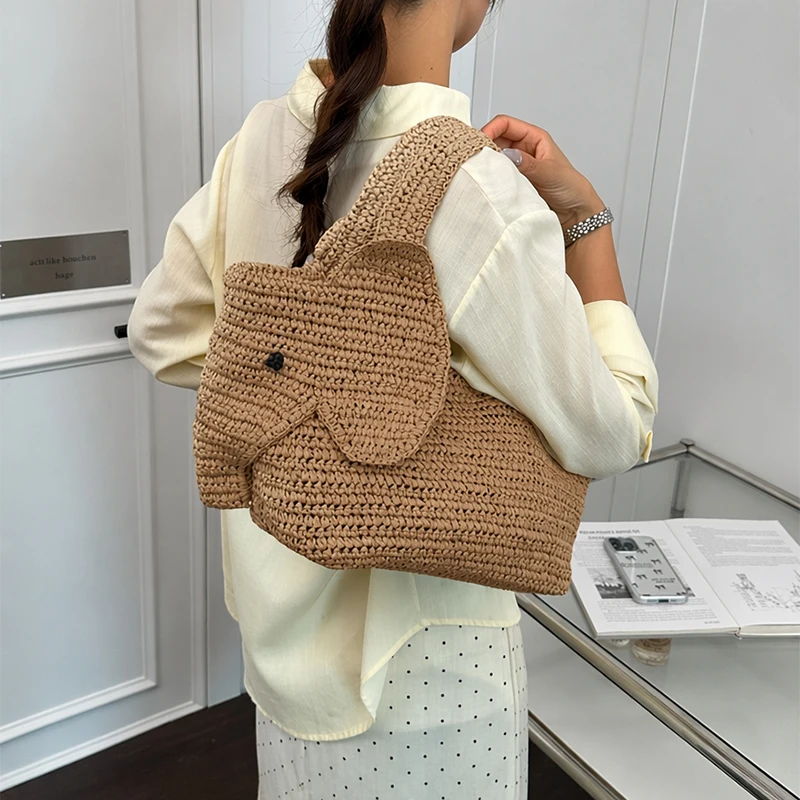 Elefantenförmige Raffia Handgewebte Strohtasche, Damen Schultertasche, Sommer Strand Urlaub Seaside Casual Tragetasche, Leichtgewichtig – Detail 13