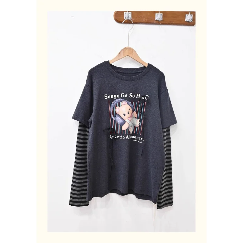 

Long-sleeved T-shirt for Women Korean Style Striped Splicing Pure Cotton Fake Two-piece Bow Autumn Loose Thin Style