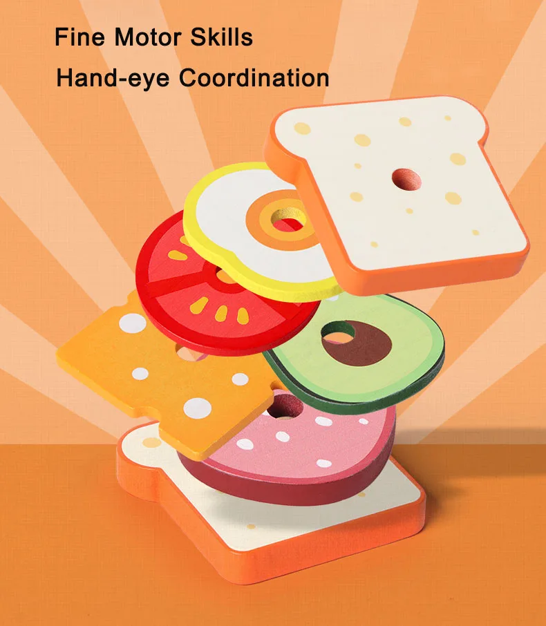 Holz Burger Sandwich Stapeln Spielzeug Montessori Pädagogisches Spielzeug Pretend Spielen Lebensmittel Puzzle Spielzeug Für Kinder Entwickeln Feinmotorik – Detail 4