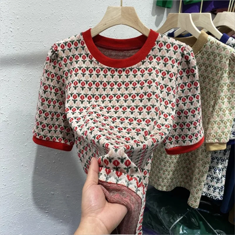 

Spring Summer Women T-shirt Sweater O-neck short Sleeve Retro Jacquard Knit Pullover Tees Casual Bottoming Wear Tops