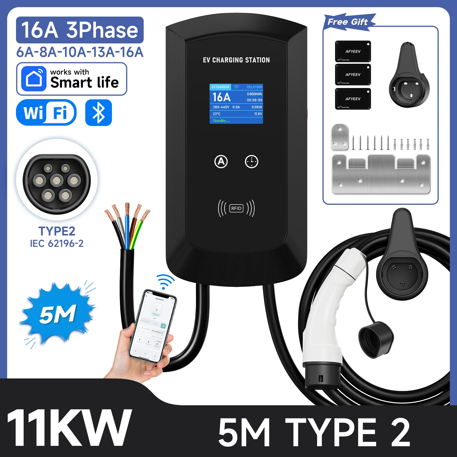 JNTAFEV 11KW 16A Type 2 EV-lader 32A 7.6KW/22KW Elektrische Autolader 1/3-fasig Oplaadstation Wallbox WiFi APP-besturing